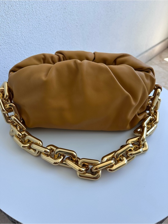 Bottega Veneta Handbags - Bottega Veneta Soft Pouch Shoulder Bag in Caramel/mustard  with Gold Chain.
